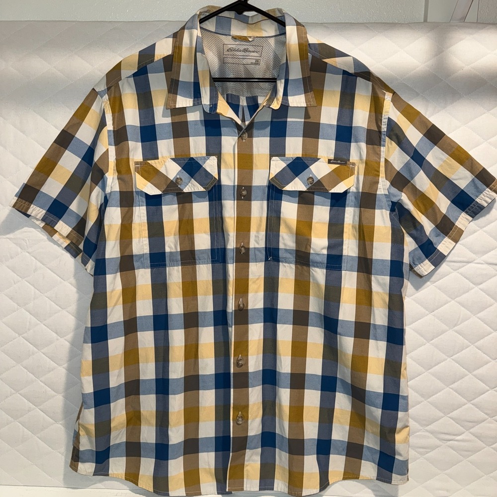Eddie Bauer Mens 2XL Plaid Short Sleeve Button Shirt Blue Tan Outdoors